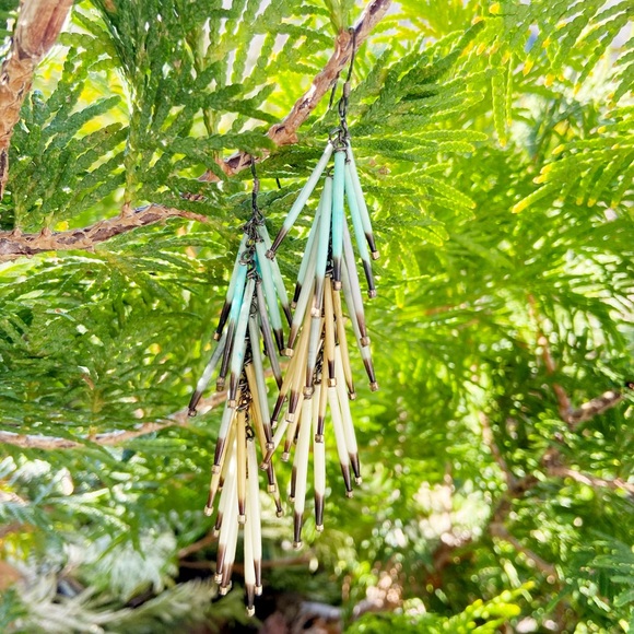 Ojibwe Handmade Porcupine Quill Earrings Dangle Waterfall Sterling Silver Brass - Picture 2 of 3